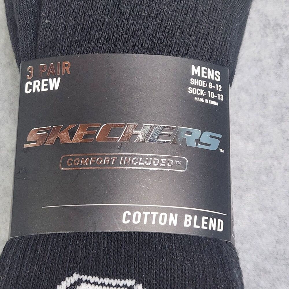Skechers Mens Crew Socks 3 Pair Pack Black Cotton Blend Shoe Size 8-12 New NWT